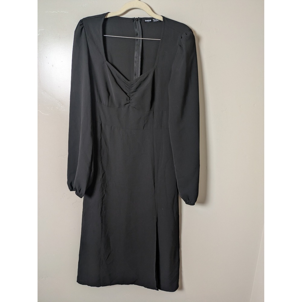 SHEIN Women's Size M Black Midi Dress Square Neck Puff Sleeve Ruched Front